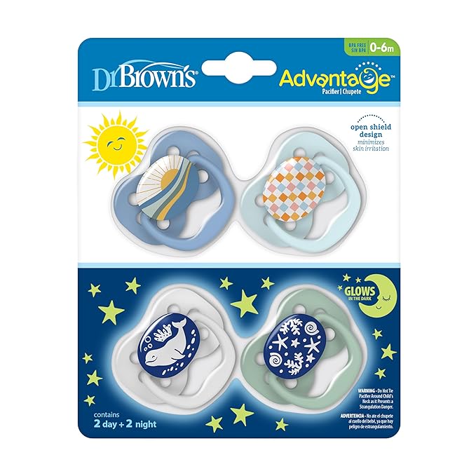 Dr. Brown's Advantage Glow-in-the-Dark Baby Pacifier, Fully Symmetrical Soother with Soft Silicone Bulb, Blue Sunrise-Blue Ocean, 0-6m, BPA Free, 4 Pack
