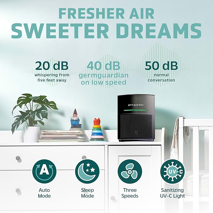 GermGuardian Airsafe+ Air Purifier for Home, for Wildfire Smoke, Pets, Pollen, Odor, Large Rooms Up To 1043 Sq. Ft. with HEPA Pure Air Filter, UV-C Light & Air Quality Sensor, 12", AC3000B, Black