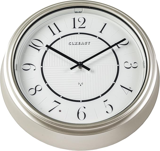 CLXEAST 14 Inch Self-Illuminated in/Outdoor Atomic Wall Clock for Home Office, Night Light Wall Clocks for Living Room Decor,Modern Farmhouse Morning Silver/Gold Finish