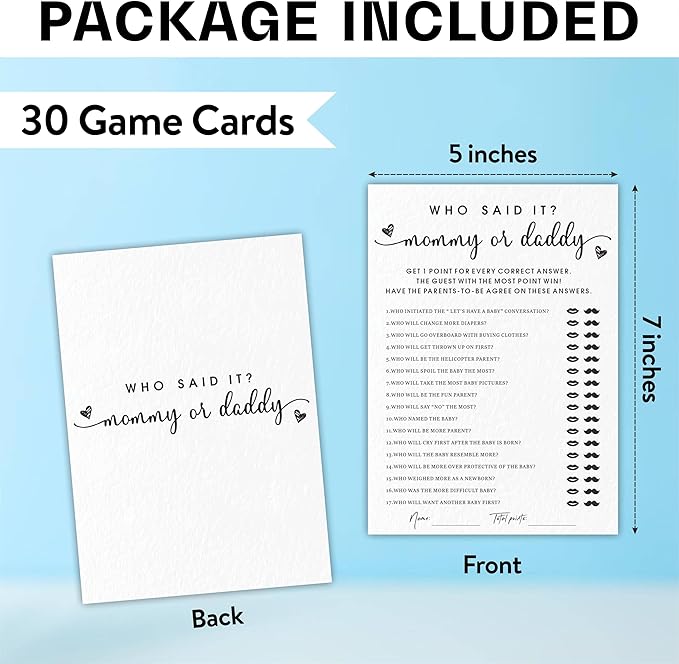 EXW Baby Shower Games, Who Said It Mommy Or Daddy, Double-Sided Filling White Minimalism Game Cards, Baby Shower Activity, Party Supplies & Decorations, Set of 30 -A03
