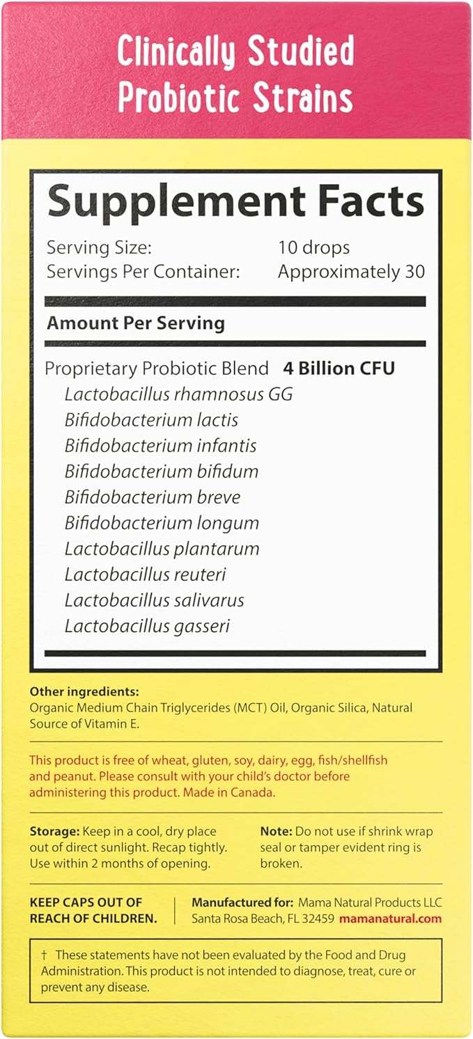 Mama Natural Baby Probiotic Drops | Pediatrician-Approved Infant Probiotic Colic Drops – Infant Gas, Constipation, Fussiness & Immune Support Supplement – 10 Strains & 4 Billion CFU with MCT Oil