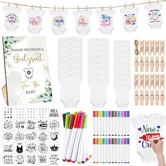 Panitay 126 Pcs Baby Shower DIY Bodysuit Set Rustic Kraft Baby Shower Game Sign DIY Bib 25 Blank White Newborn Bodysuit 25 Stencils 24 Marker 1 Sign 50 Pins for Gender Reveal(Greenery)