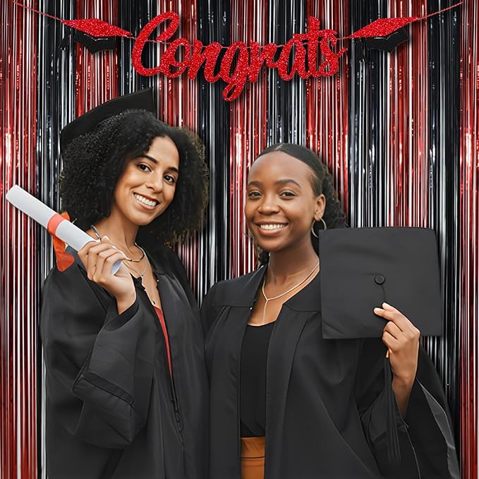 BRAVESHINE Tinsel Photo Backdrop Curtains - 2 Pack 3.2x8.2ft Black Red Foil Fringe Streamer Curtain for Halloweens, Lantern, Pumpkin, Home, Indoor or Outdoor Party Supplies Decorations