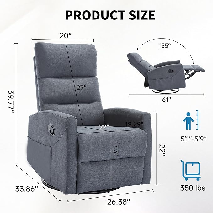 360° Swivel Rocking Chair for Nursery, Manual Glider Chair Nursing Chair with Side Pockets, Polyester Glider for Living Room, Heavy Duty Motion Mechanism, Gray