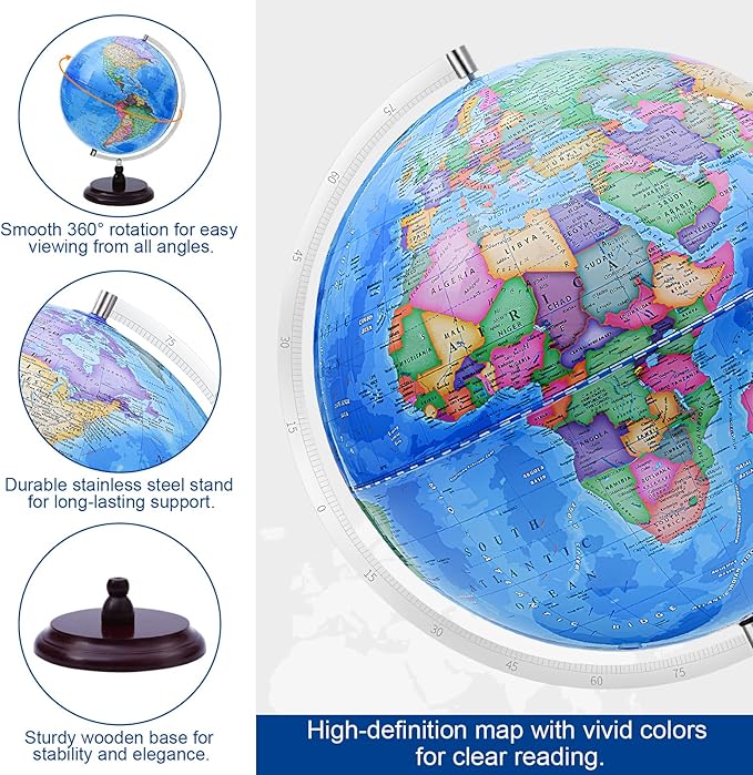 World Globe for Children and Adults, 13 inch Educational Spinning Earth Map with Stand, Self-Assembled Interactive World Globes for Kids Learning, Classroom, Students Desk, Room and Office Decor