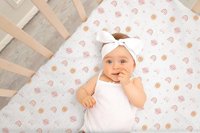 Baby Crib Sheets 2 PCS, 100% Organic Cotton Crib Sheet for Standard Crib Mattress(52”x 28”), Fitted and Soft Breathable Muslin Crib Mattress Sheet for Girl and Boy (Rainbow, Pink)