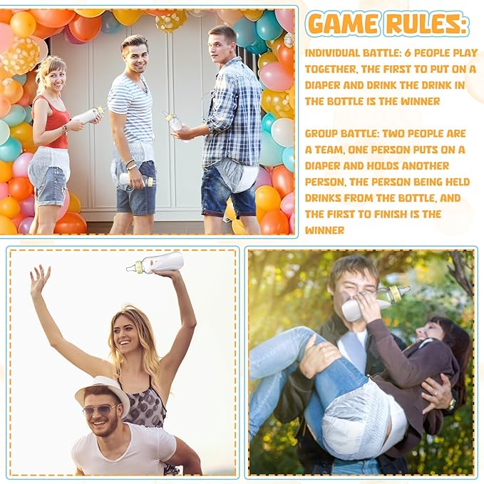 Hushee 12 Sets Funny Plastic Bottle Chug Baby Shower Games Diaper Baby Shower Game Gender Reveal Race Gifts Decoration for Adults Boys Girls (White)