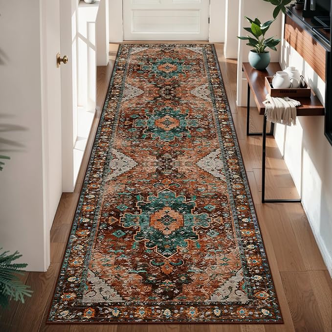 Ciicool Washable Vintage Runner Rug - 2'6" x 10' ft Hallway Carpet, Boho Low Pile Long Non Slip Soft Stair Runner Kitchen Carpet Indoor Oriental Throw for Living Room Bathroom Entry