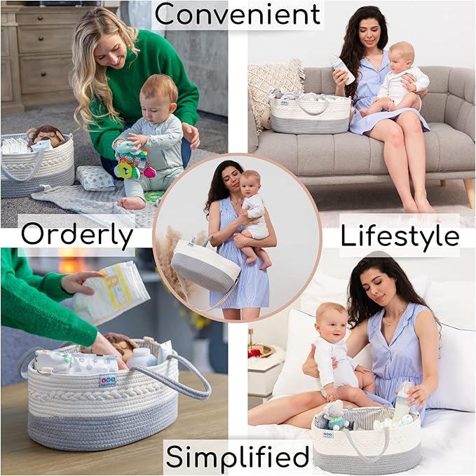 Extra Large Baby Diaper Caddy Organizer - Portable Rope Nursery Basket for Changing Table Storage - Baby Essentials Organizer for Diapers, Wipes, and More