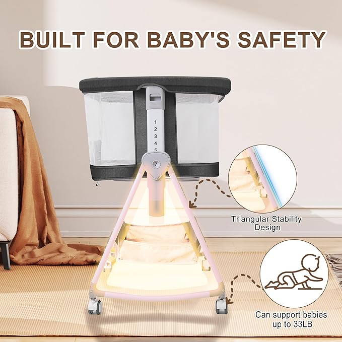 Baby Bassinet Bedside Crib, 3 in 1 Baby Bassinet Bedside Sleeper with Musical Toy, Adjustable Portable Crib All Mesh Bedside Bassinet with Storage Basket, Black