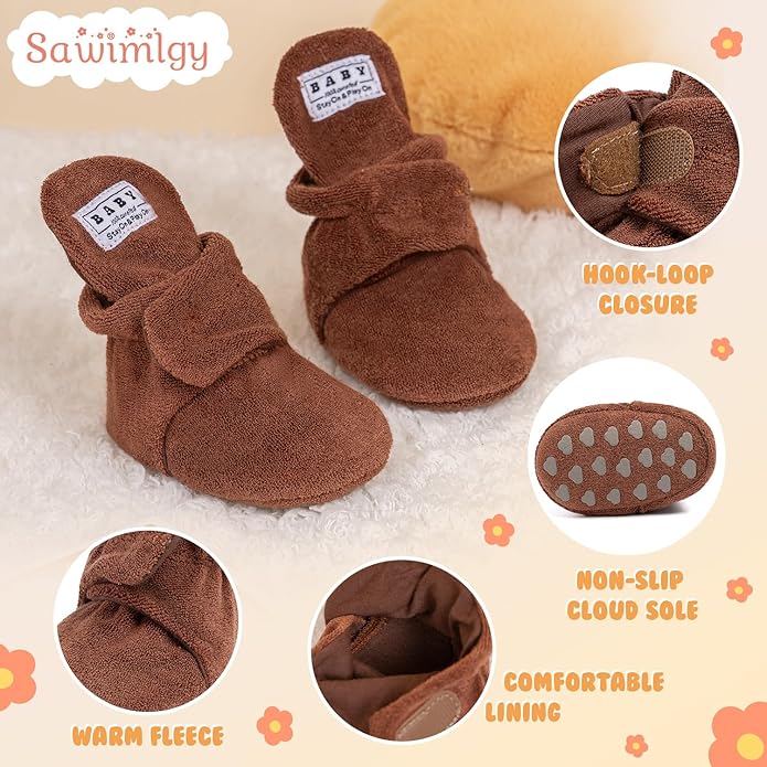 Sawimlgy Newborn Infant Baby Girl Boy Cotton Booties Stay On Sock Slippers Soft Bedroom Shoes Non-Skid Ankle Boots With Grippers Toddler Crib Warm Shoe First Walker Birthday Shower
