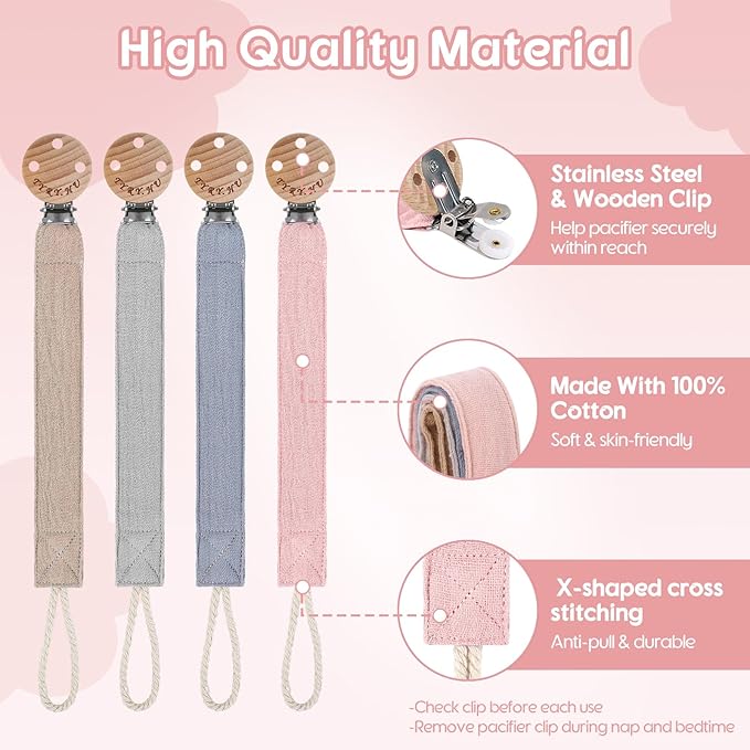 TYRY.HU Ribbon Pacifier Clip Holder,4 Pack Binky Paci Holder Clips, Pacifier Leash for Boys and Girls, Soft Webbing Strap Universal Fits for Most Pacifier, Styles & Teethers(Khaki,Grey,Blue,Pink)
