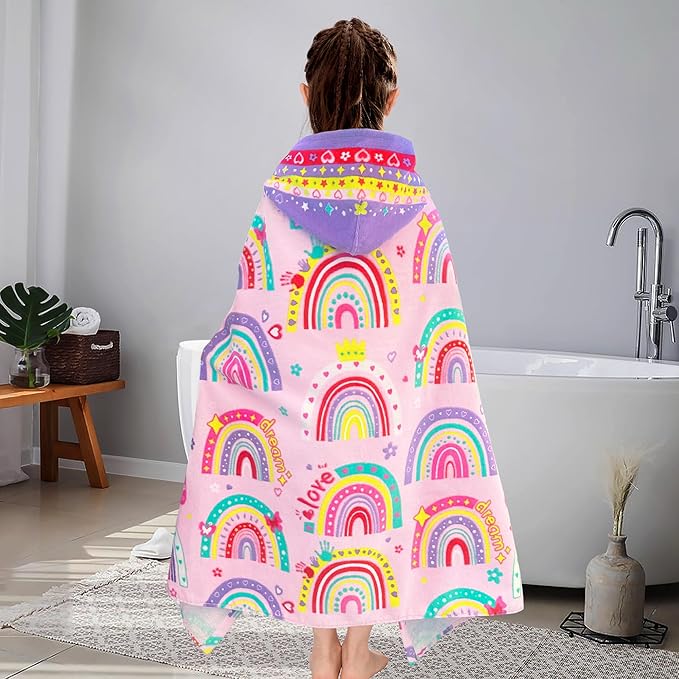 VOOVA & MOVAS Hooded Towels for Kids 3-10Years, 30''X50, Soft | Thick | 100% Cotton | Absorbent Towel Wrap for Girls, Perfect for Toddler Beach, Pool, Bath, Swimming,Rainbow