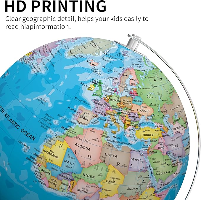 SOUNDANCE 13 Inch World Globe with Stable Heavy Metal Base, Educational Globe for Kids Learning, Large Globes Lamp with Colorful HD World Map Details, LED