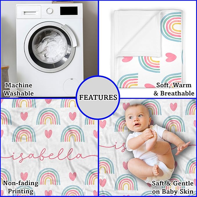 Arteaga Personalized Baby Blanket for Girls, Customized Rainbow Design for Newborn, New Mom, Super Soft Plush Fleece, 30''x40'', King