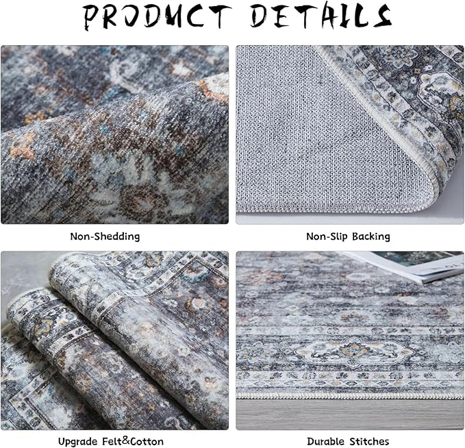 Area Rug 4x6 Rug Washable Boho Rugs Non Slip Low Pile Soft Floral Small Carpet for Bedroom, Bedside, Kids Room, Office, Dining Room(Grey)