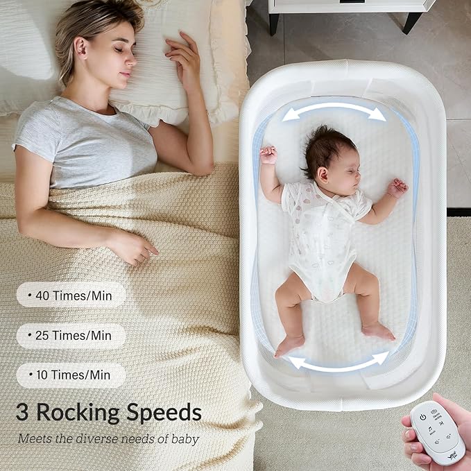 Rocking Bassinet for Baby 3 Speeds Electric Bedside Sleeper with White Noise, Automatic Bedside Crib for Newborn, Brownish-Yellow
