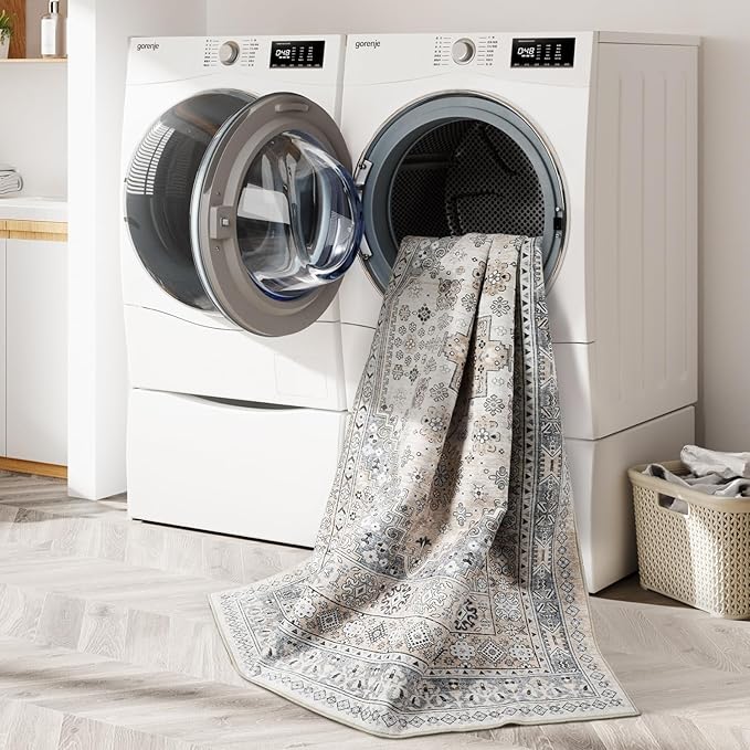 zesthome 8ft Round Rugs for Living Room, Non-Slip Washable Round Area Rugs, Ultra-Thin Large Circle Rugs, Soft Low Pile Rug for Bedroom, Kitchen - Vintage Stain Resistant Round Rug (Beige,8'x8')