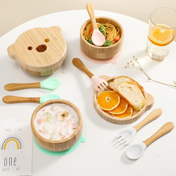 Baby Bowls with Lid,HBM Bamboo Suction Bowls for Baby and Spoon Set,3PC Feeding Supplies Set for Infant, Toddlers,Detachable Silicone Suction Stay Put Base for Wooden Bowl (Mint)