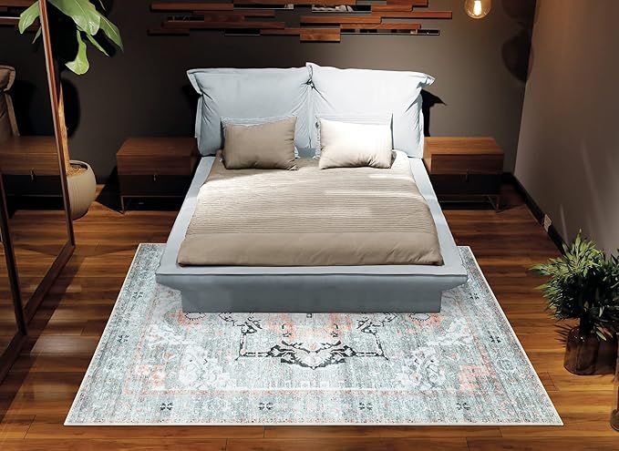 Bloom Rugs Washable Non-Slip 8' x 10' Rug - Gray/Coral Pink Traditional Area Rug for Living Room, Bedroom, Dining Room, and Kitchen - Exact Size: 8' x 10'