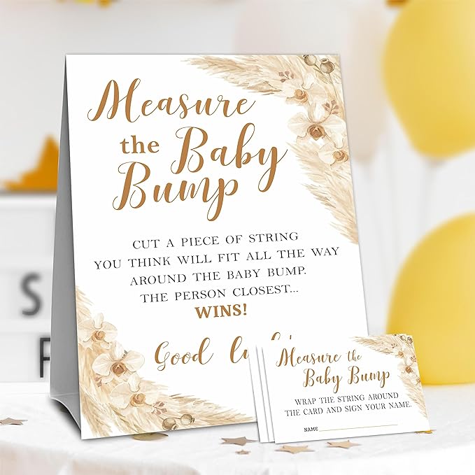 Boho Baby Shower Measure The Baby Bump, Measure Mommy's Belly Game Set - 1 Self-Standing Sign And 50 Tickets - Gender Reveal, Baby Shower, Baby Announcement Activity & Party Favor Supplies - A02