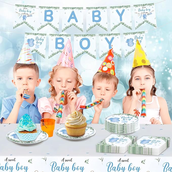 Baby Boy Shower Decorations Tableware Set, Disposable Plates Napkins, Tablecloth and Banner, for Baby Boy Baby Shower Decorations (Blue Tableware Set)