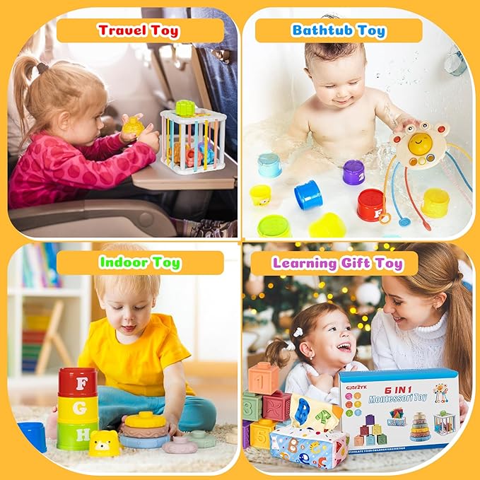 6 in 1 Montessori Toys for Babies 6–12 Months Stacking Block Soft Infant Ring Shape Learning Sensory Bin Pull String Teething Toy Tissue Box for Toddlers 1 2 3 Year Old Boy Girl Gift