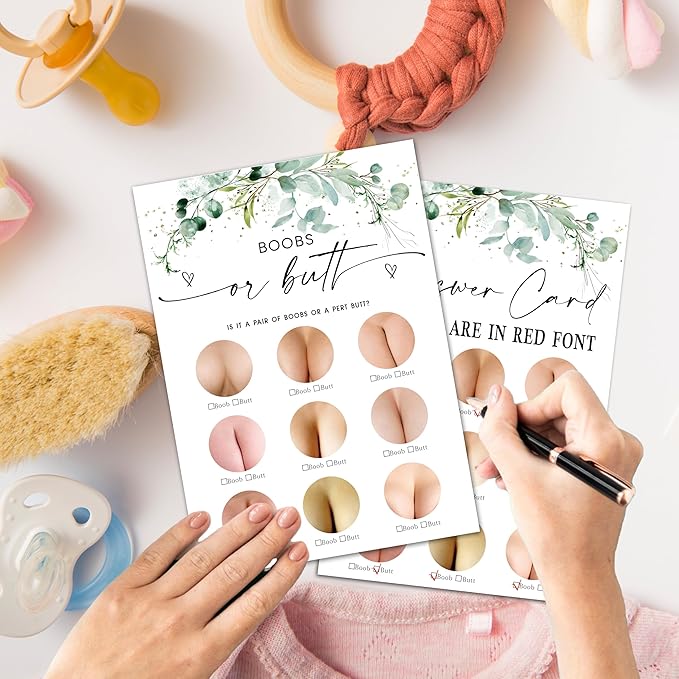 Greenery Baby Shower Game Cards - Set of 30 Boobs Or Butt - Double Sided Print Baby Announcement Gender Reveal Game Card For Parents To Be - Baby Shower Party Activities Supplies - A10