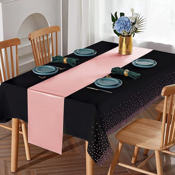 8Pack Disposable Plastic Tablecloths and Satin Table Runner Set Black and Rose Gold Dot Tablecloth Gold Satin Table Runner for Wedding Birthday Baby Shower Anniversary Christmas New Year Party Supply