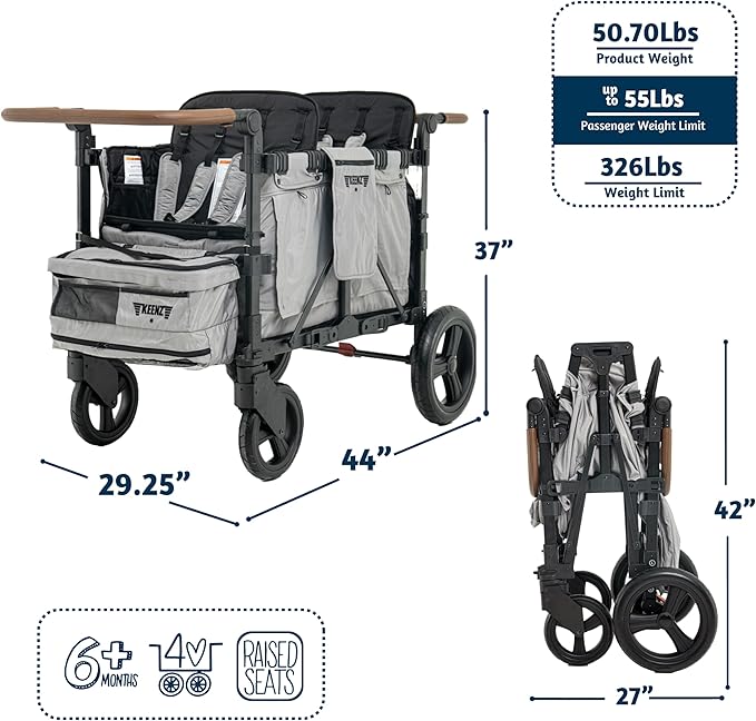 Keenz XC+ EVO - Luxury Comfort Stroller Wagon | Foldable 4 Passenger Quad Seater with Adjustable Canopy | Grey
