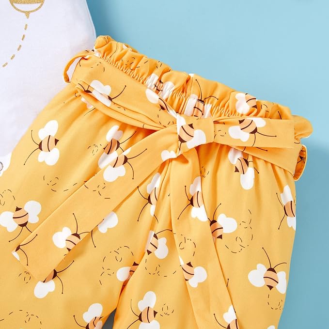 GRNSHTS Infant Baby Girl Bumble Bee Clothes Letter Print Romper Honey Bees Pants Bowknot Headband Outfits Set