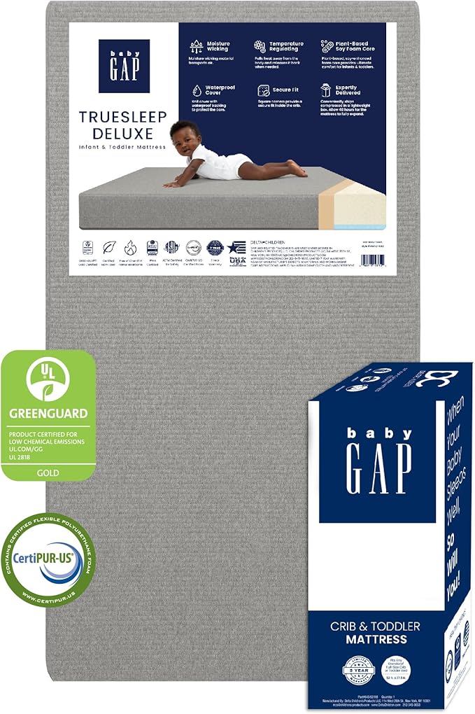 GAP babyGap TrueSleep 2-Stage Deluxe Crib and Toddler Mattress - Waterproof - GREENGUARD Gold Certified – Temperature Regulating – Moisture Wicking