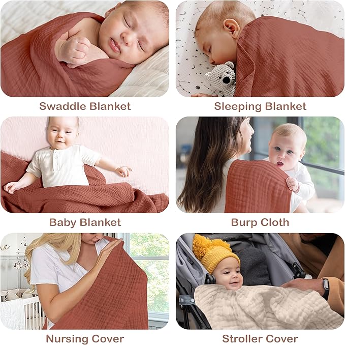 Organic Cotton Muslin Baby Blanket - 47x47 Inch Breathable Swaddle, Hypoallergenic Double-Layer, Versatile Use (Rust/Ivory, 47x47 Inch)