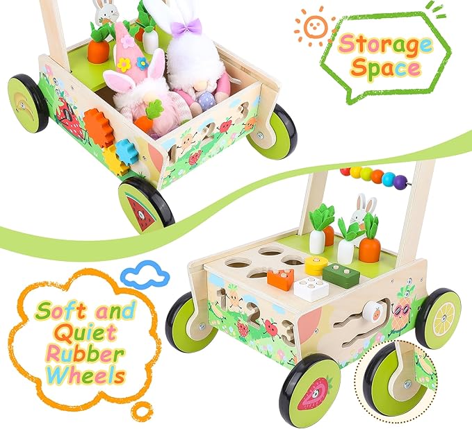 Wooden Baby Walker with Wheels,Toddler Push and Pull Walker Montessori Multiple Activity Center with Shape Sorting Grocery Toy and Puzzles Push Cart for Boys Girls 6-12 Months 1 2 3 Years Old (Fruit)