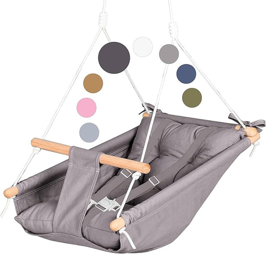 CaTeam Canvas Toddler Swing – Indoor/Outdoor Hanging Chair for Patio & Playroom with Safety Belt – Wooden Baby Seat for Ages 12+ Months – Dark Gray