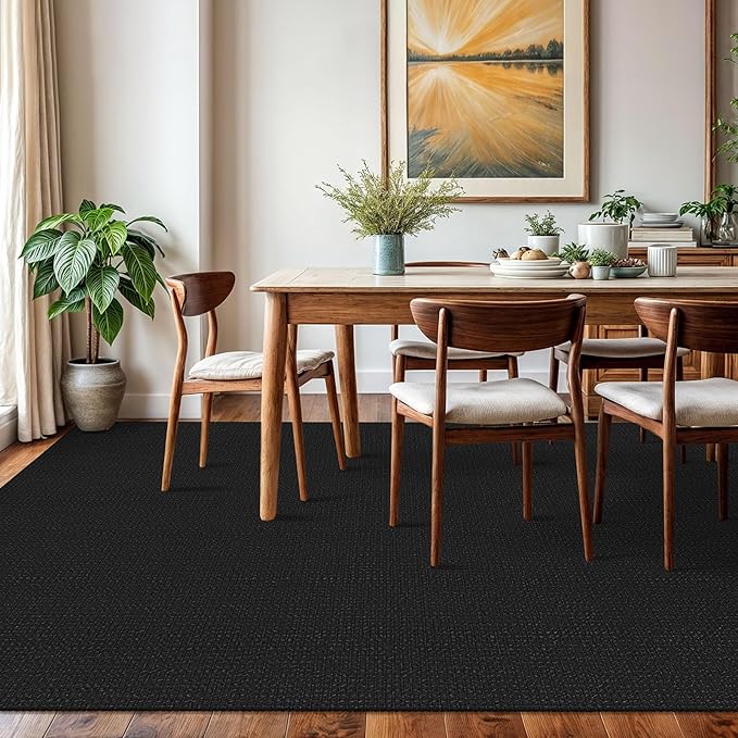 KOZYFLY Washable Area Rug 6x9 ft Rubber Backed Non Slip Rugs for Living Room Braided Cotton Bedroom Rug Woven Office Rugs Indoor Floor Carpets for Dining Bedroom Living Room, Black/Dark Grey