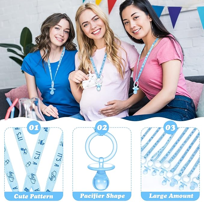 Chengu 100 Pcs Baby Shower Pacifiers Necklace, Acrylic Pacifiers Necklace Party Favors for Girls Boys Baby Shower Party Decorations Table Scatter(Blue)