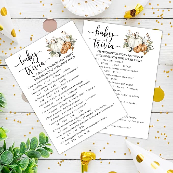 Fall Baby Shower Games, Baby Trivia Themed Gender Reveal Party Game, Fall Festival Games Cards With Pumpkin Design, Boho Baby Shower Games, Thanksgiving Party Supplies -02