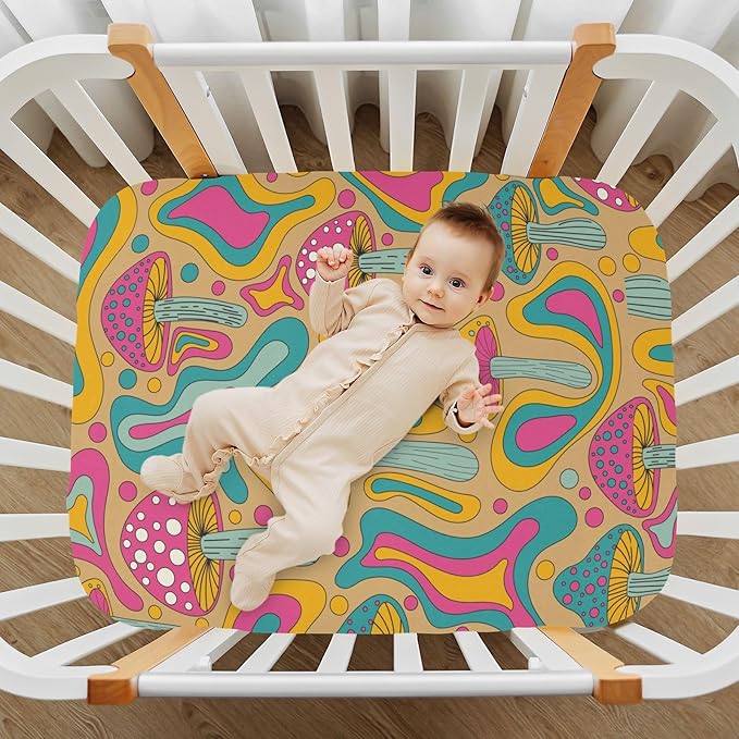 Baby Crib Sheets Colorful Mushroom Crib Sheets for Boys Girls,Neutral Bassinet Toddler Bed Play Sheets Breathable Soft and Portable 52 * 28 * 9in
