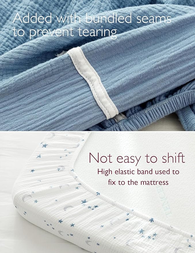 Momcozy Muslin Fitted Mini Crib Sheets, 38''x26'', 2 Pack Soft Breathable Natural Cotton Baby Mattress Sheet, 360° Mattress Wrapping No Slip Boys Girls Neutral Toddler Bed Sheet, Blue Star Moon