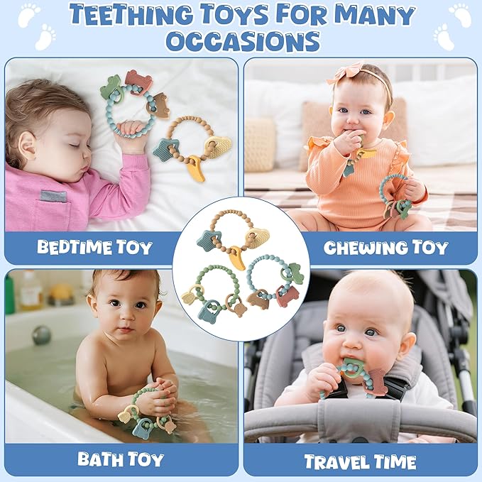Silicone Babies Teether Toys - 3Pcs Teething Ring with Rattles, Animal Car Themed Infant Toddle Sensory Chew Toys for Newborn Boys and Girls to Soothe Sore Gums Teething Relief, Baby Shower