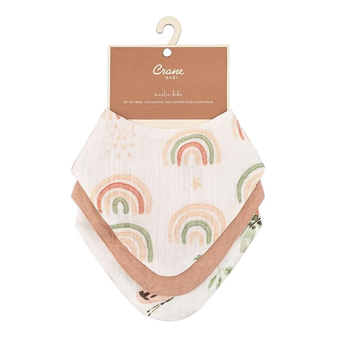Crane 100% Cotton Baby Bib Set - Butterfly & Rainbow Muslin Bibs - Set of 3 Drool Bibs for Baby Boys or Girls - Newborn Eating Essentials