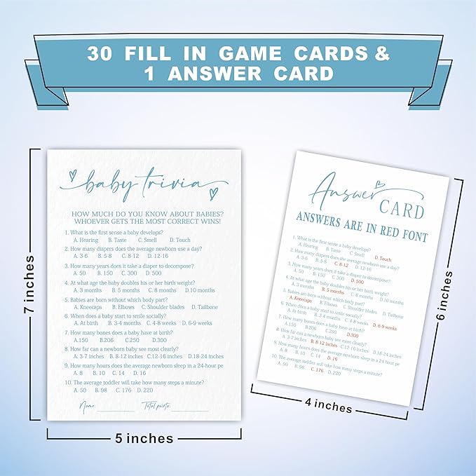 Baby Trivia Game Set For Baby Shower - Minimalism White & Blue - 30 Double-Sided Fill In Style Game Cards & 1 Answer Card For Gender Reveal, Baby Announcement, Party Favor & Supplies - C02