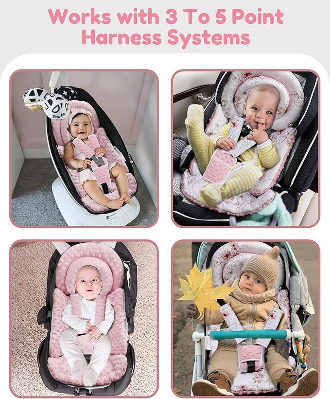 Infant Car Seat Insert with Removable Cushion for Baby Preemie Newborn Infant, Reversible carseat Insert Head Body Support Fits for Stroller, Baby Swing, Rocker, Bouncer, Bassinet - Pink