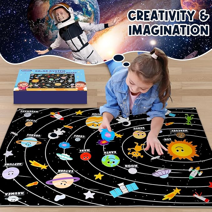 Solar System for Kids 3-5 5-7 with 63pcs Felt Board Story Sets Girl Boy Toys Preschool Montessori Learning Toy Wall Busy Board Astronaut Space Planets Birthday Gifts 3 4 5 6 7 8 Year Old Stem Toy
