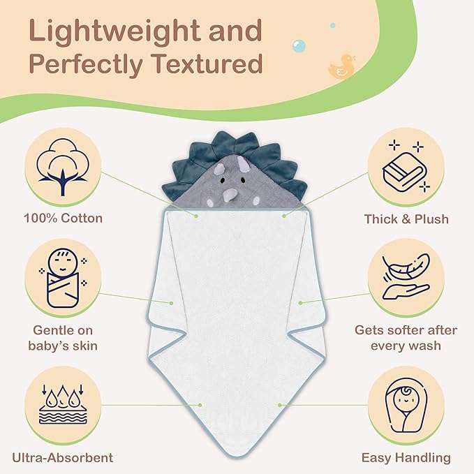 Mother's Choice Baby Hooded Towel - Large Size Cotton, Ultra-Soft & Absorbent Bath Towel for Newborns, Infants, Toddlers, Boys & Girls with Animal Hood (Dinosaur)