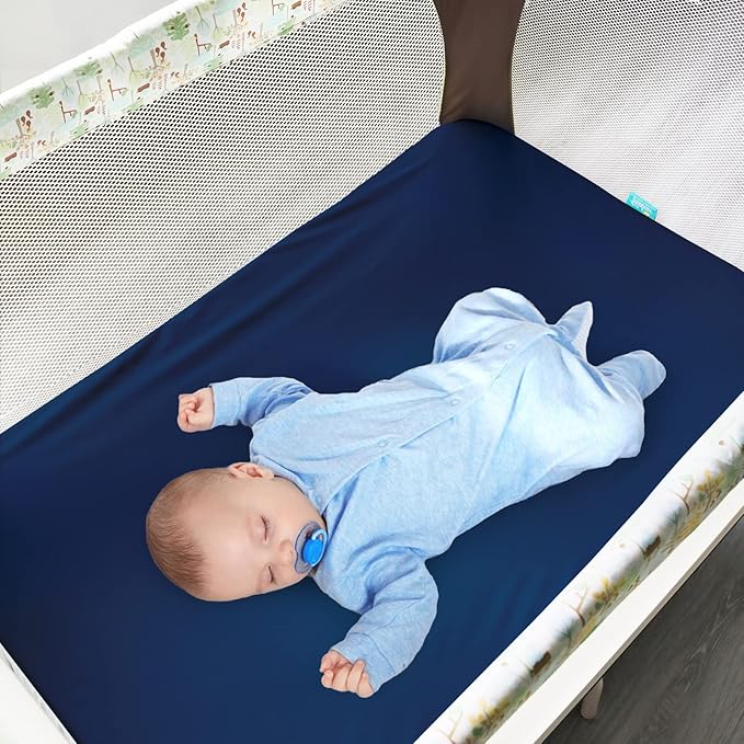 Biloban Pack and Play Sheets Fitted, 2 Pack Pack and Play Sheet Fits for Graco Pack n Play Mattress, Neutral Playard Sheets for Baby Boys and Girl, Grey & Navy, 38”X 26”