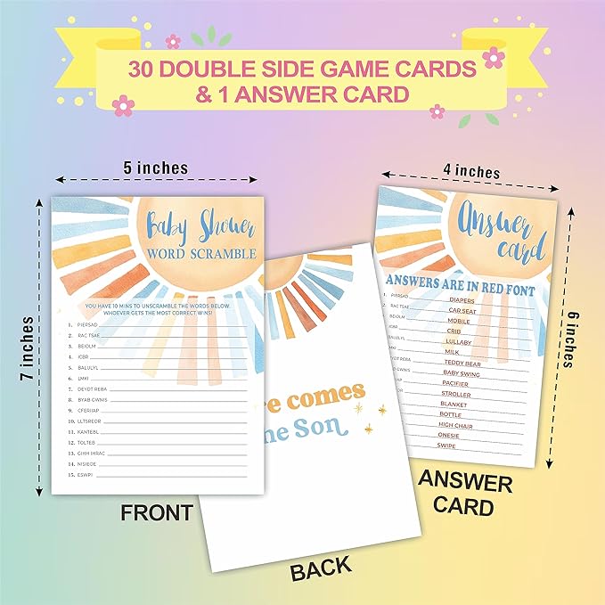 Sunshine Theme Word Scramble Game Kit -ro Baby Shower Game with 30 Cards + Answer Card - Watercolor Sun Theme, Gender Reveal & Announcement Party Favor