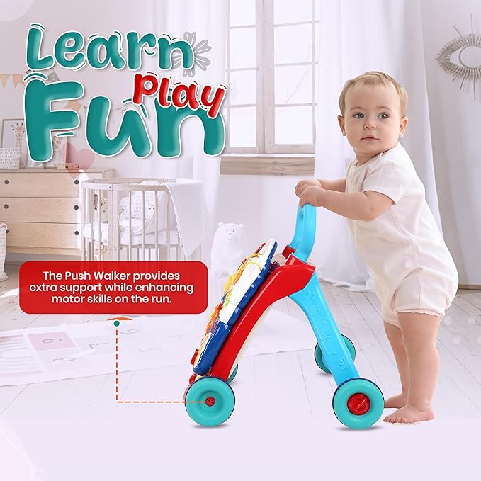 YOLAY Baby Walker Push with Wheels, Sit-to-Stand Walker for Baby Boy and Girl 6-12 Months with Detachable Play Panel, Stable Handle, Early Learning Activity for Kids - Blue