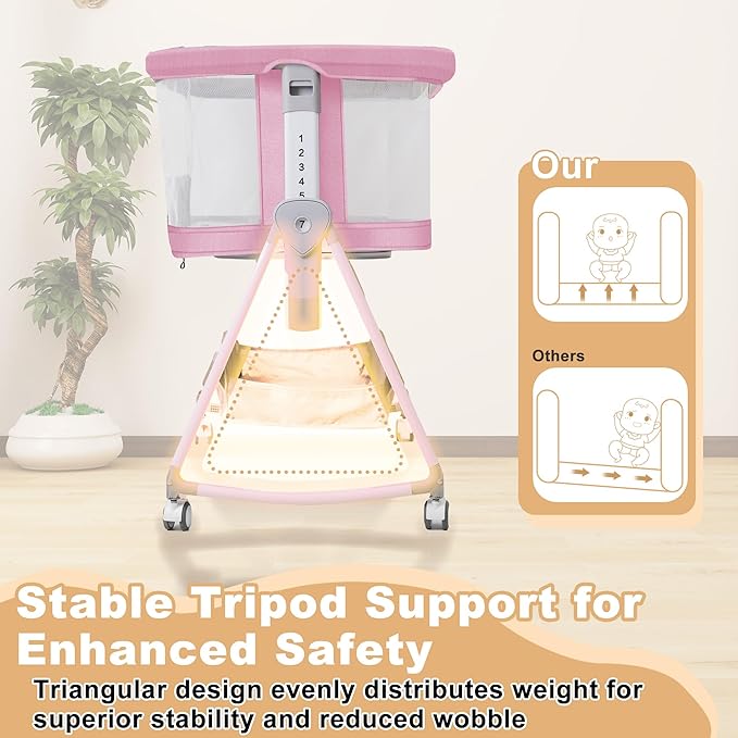 Baby Bassinet,3 in 1 Bedside Bassinet for Baby with Hanging Toys, Portable Foldable Baby Bassinets Bedside Sleeper,4-Sided Mesh Bedside Crib with Wheels and Storage Basket,6 Height Adjustable (Pink)